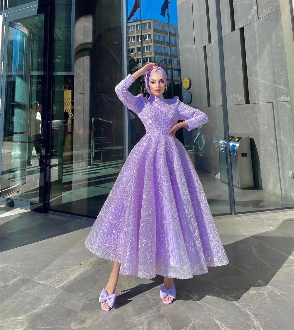 Sansa Customized Purple Pleats A-Line Beaded Prom Dress Long Sleeve High Neck Vestidos De Noche Ankle-Length Formal Evening 2025