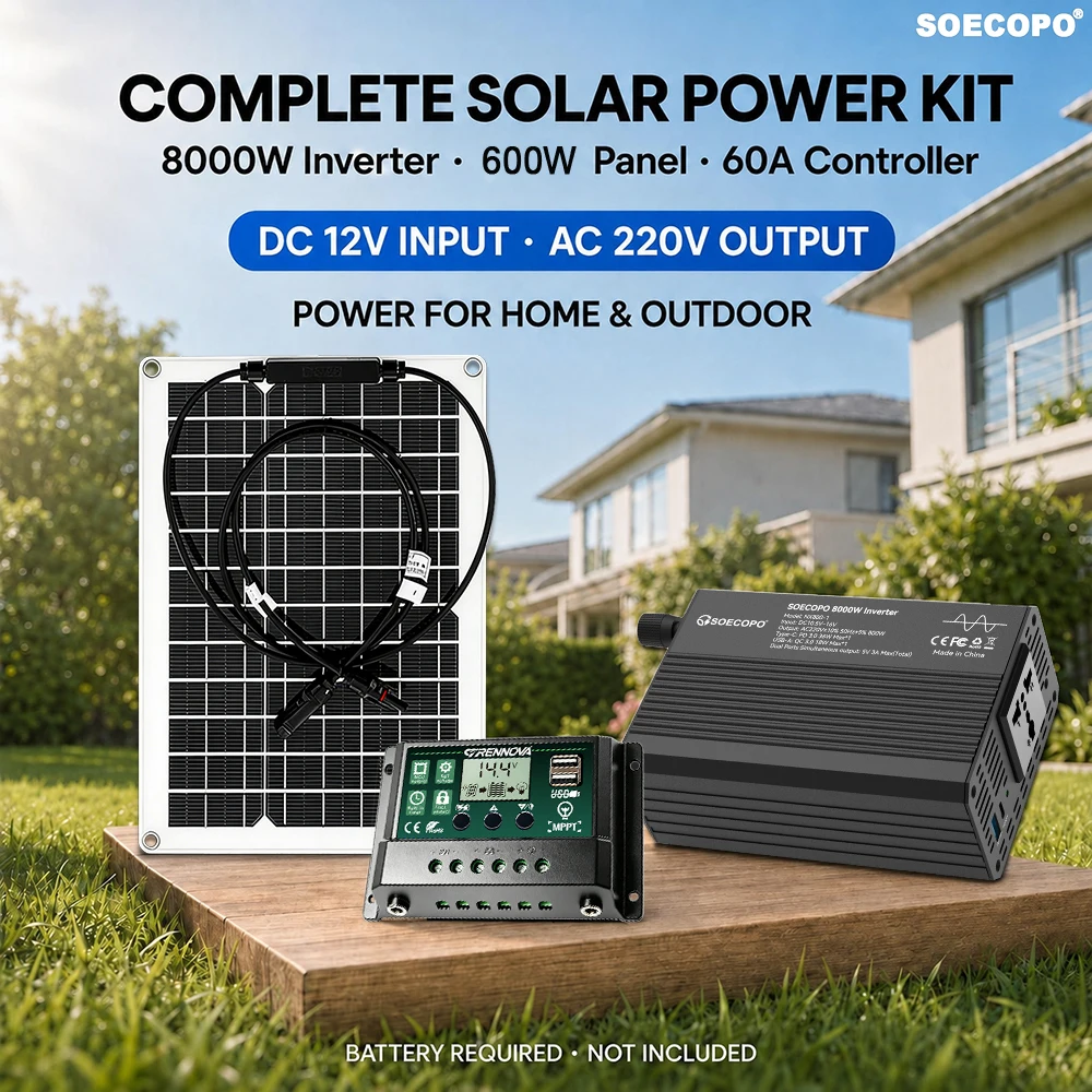 SOECOPO Solar Kit for Home Camping 800W Rated Power 8000W Peak DC 12V To AC 220V Inverter 600W Panel MPPT Controller Set