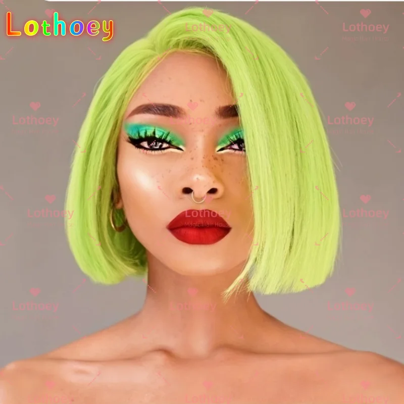 

13x4 Lace Frontal Colorful Straight Bob Wig Human Hair Green Tiny Bleached Invisible Knots Wig 180% Density