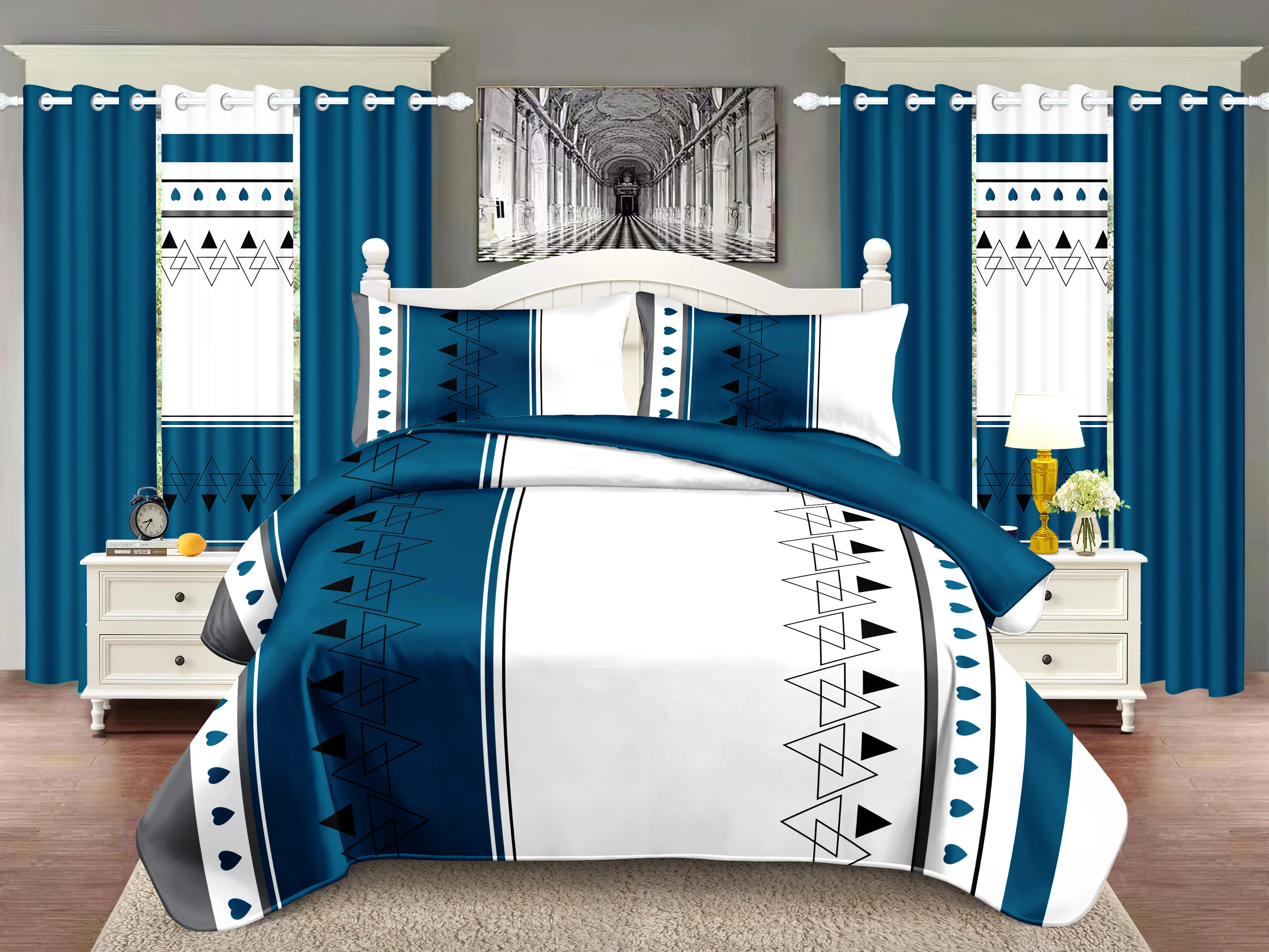 

Комплект постельного белья из 9 предметов (1 покрывало + 2 наволочки + 2 шторы с принтом + 4 однотонные шторы) – мягкий и комфортный