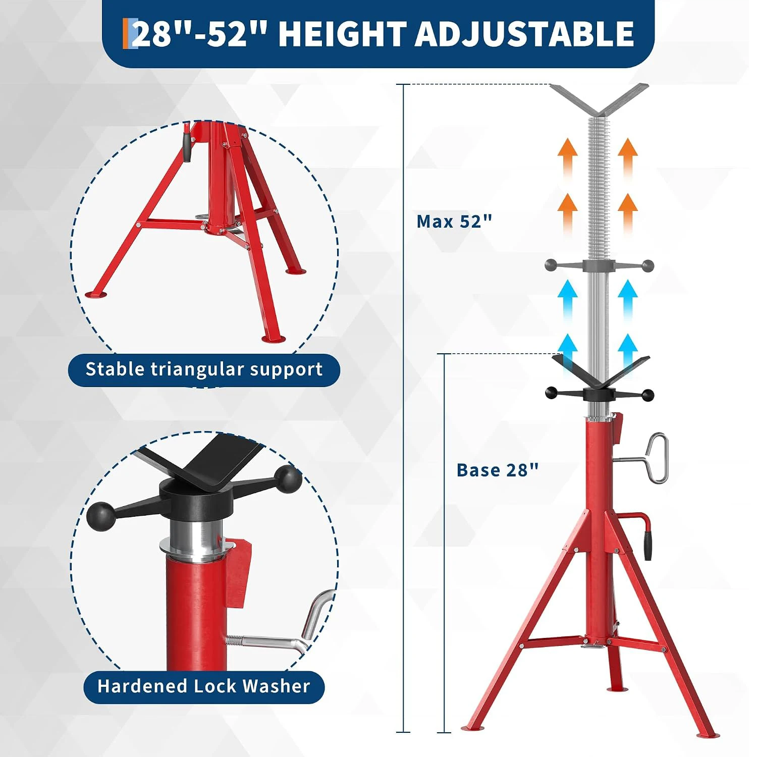 Supporto per tubi a V regolabile per impieghi gravosi, altezza di sollevamento da 28" a 52", supporto in tubo d'acciaio per tubazioni di scarico e sistemi HVAC