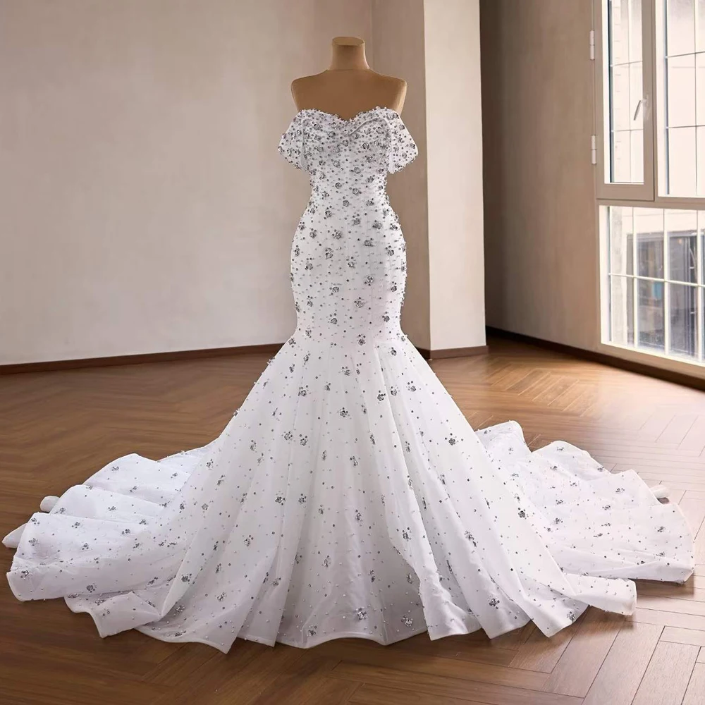 

Роскошное свадебное платье в стиле русалки с кристаллами, длинным шлейфом, открытыми плечами и шнуровкой на спине, Vestido Novias 2026