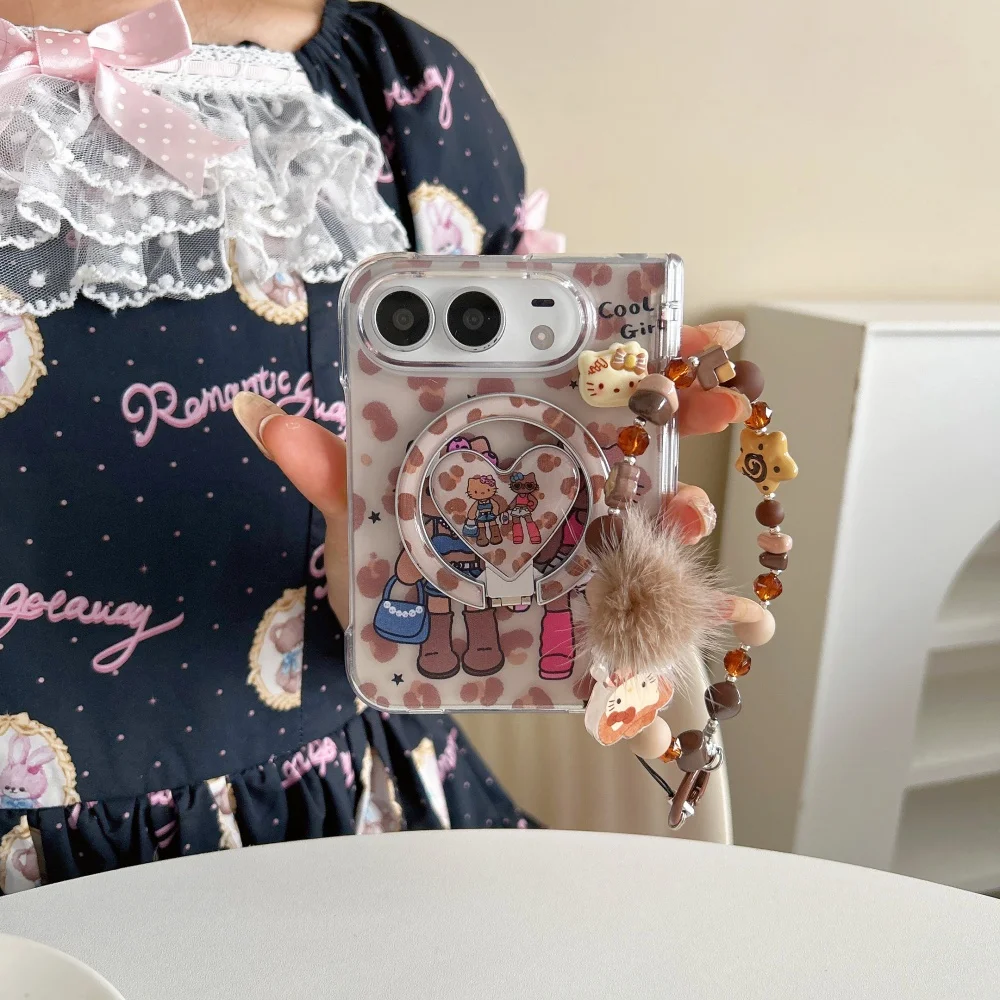 Fashion Korea Ins Cool Cartoon Character Leopard Print Phone Case for iPhone Duo Cover Cute Shockproof Cases with MagSafe Holder