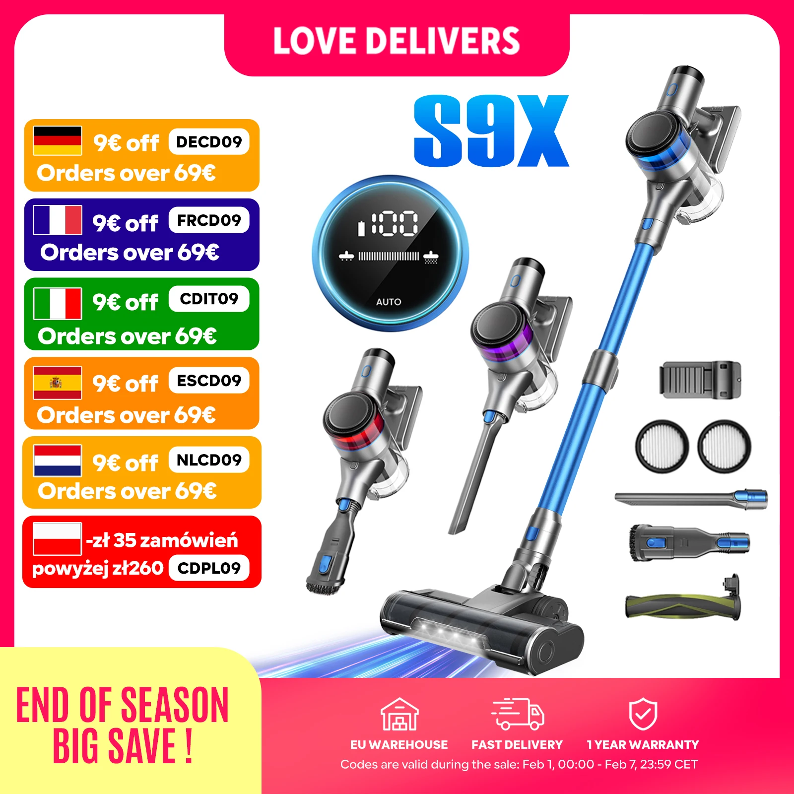 Inse S9X Aspirapolvere Senza Fili, 70KPa 400W, Tazza di Raccolta Polveri da 1L, per 55 Minuti, 3 Colori di Luci per Mostrare la Carica Residua, per Pavimenti, Tappeti e Capelli