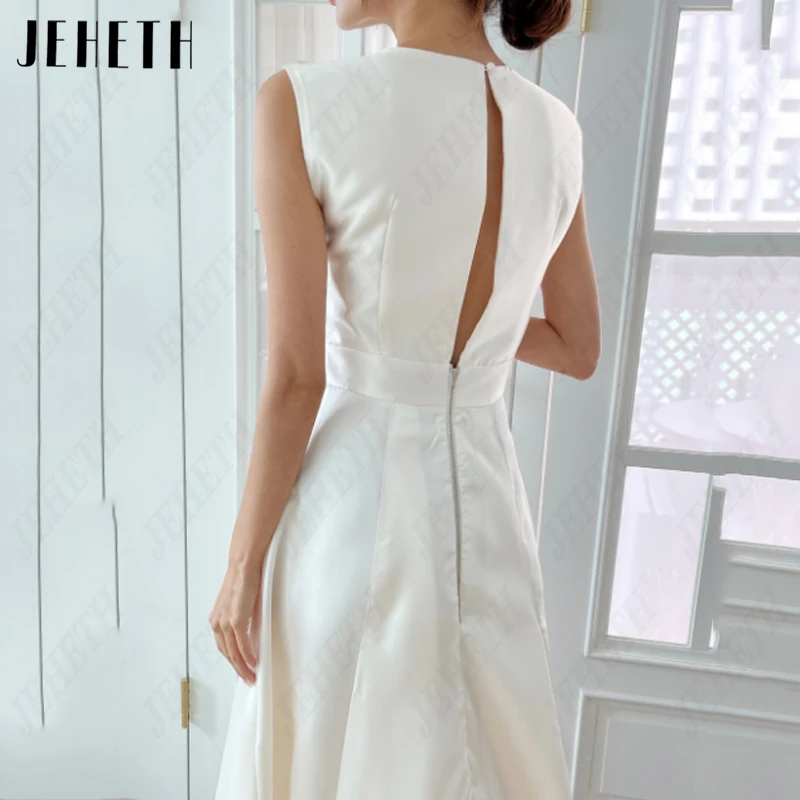 JEHETH Pleat O-Neck Korea Bridal Gowns For Women A-Line Simple Satin Wedding Dress Pearl Backless 웨딩드레스 Ankle-Length Sleeveless