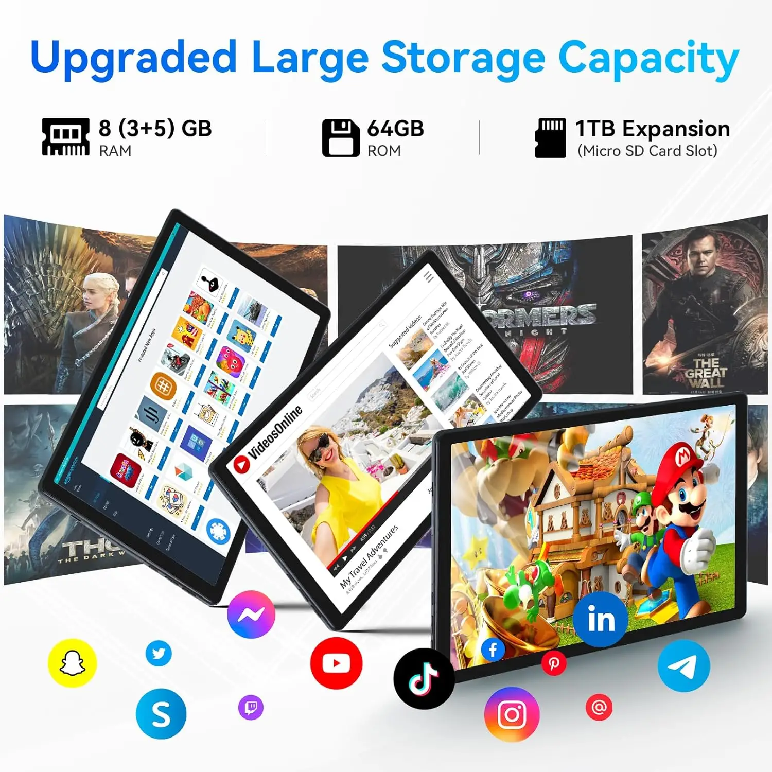 Tablet Octa-Core Android 14 da 10,1 pollici 8 GB di RAM + 64 GB di archiviazione Espandi a 1 TB WiFi6 BT5.0 5MP + 8MP Doppia fotocamera Face ID Sblocco PC Pad