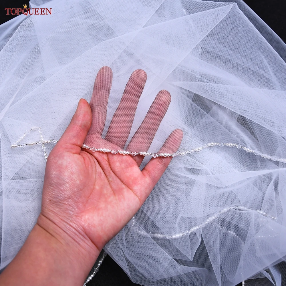 TOPQUEEN V107 Wedding Veils with Pearl and Beading Bridal Veils Wedding Crystal Beaded Veils Wedding Crystal Beaded Bling Short