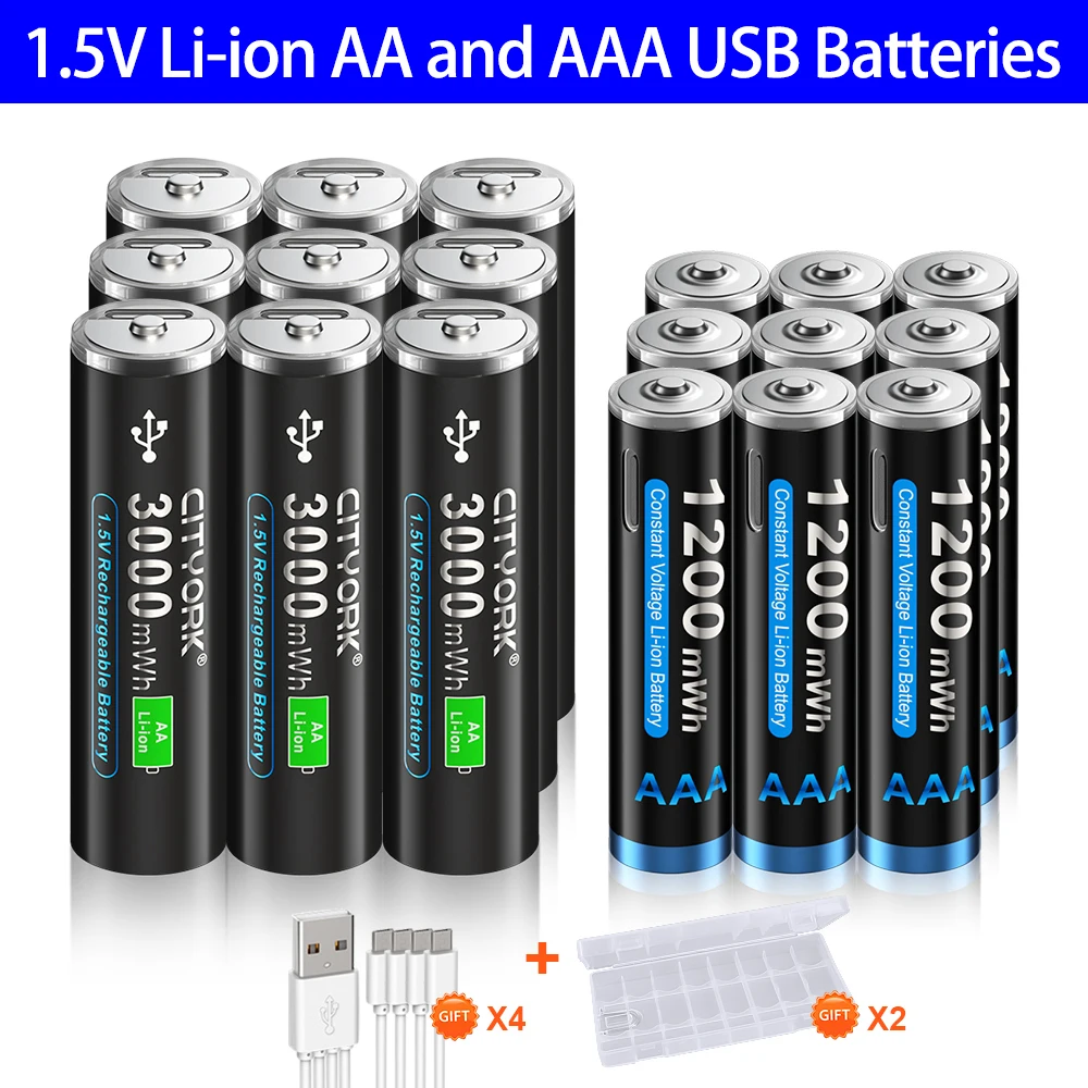 cityork-15v-aa-および-aaa-充電式リチウムイオン電池-2a-3000mwh-3a-1200mwh-リチウム-usb-バッテリー-リモコン玩具用-ケーブル