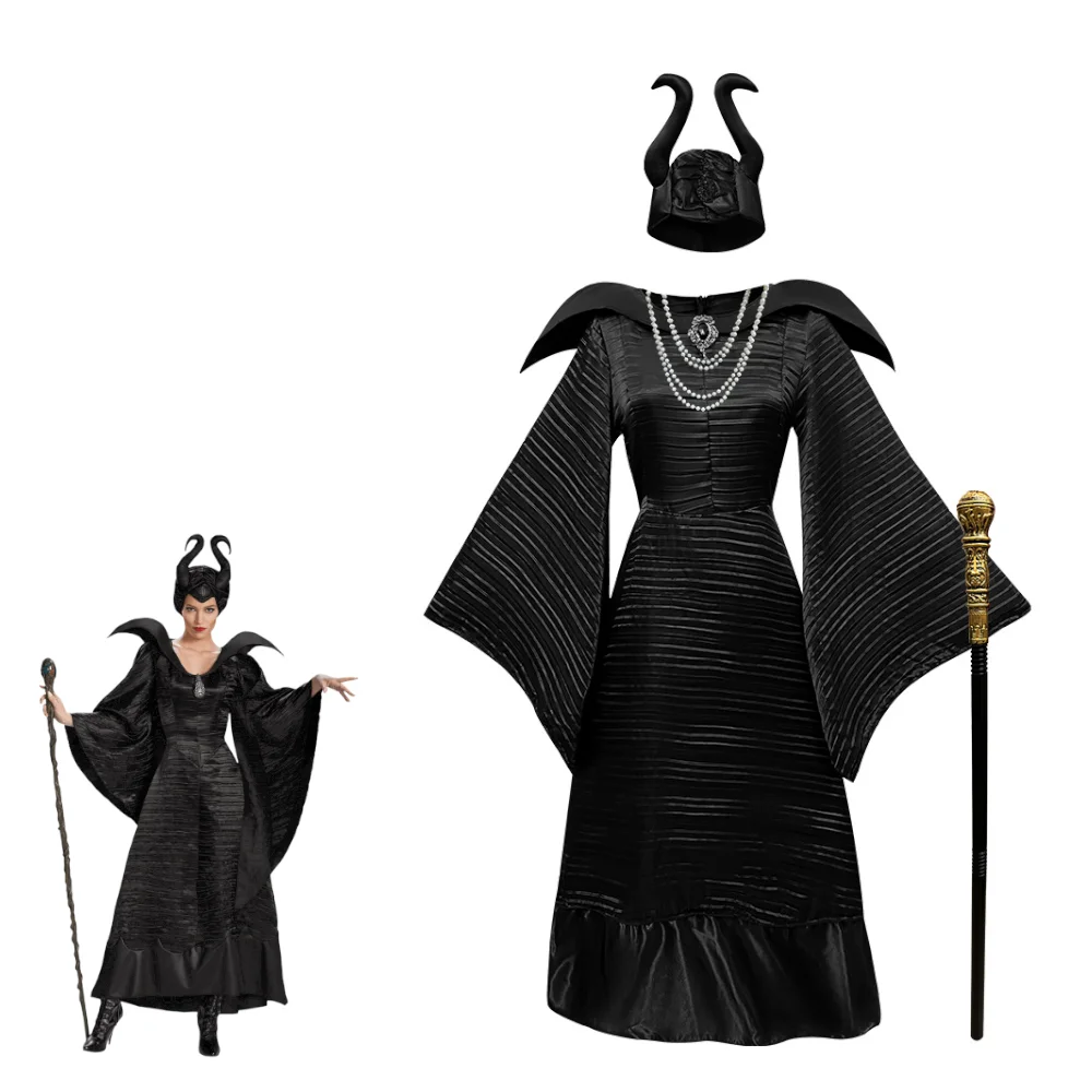 

Maleficent Costume Adult Deluxe Black Queen Evil Witch Gown Dress with Horns Headpiece and Wand for Halloween Cosplay