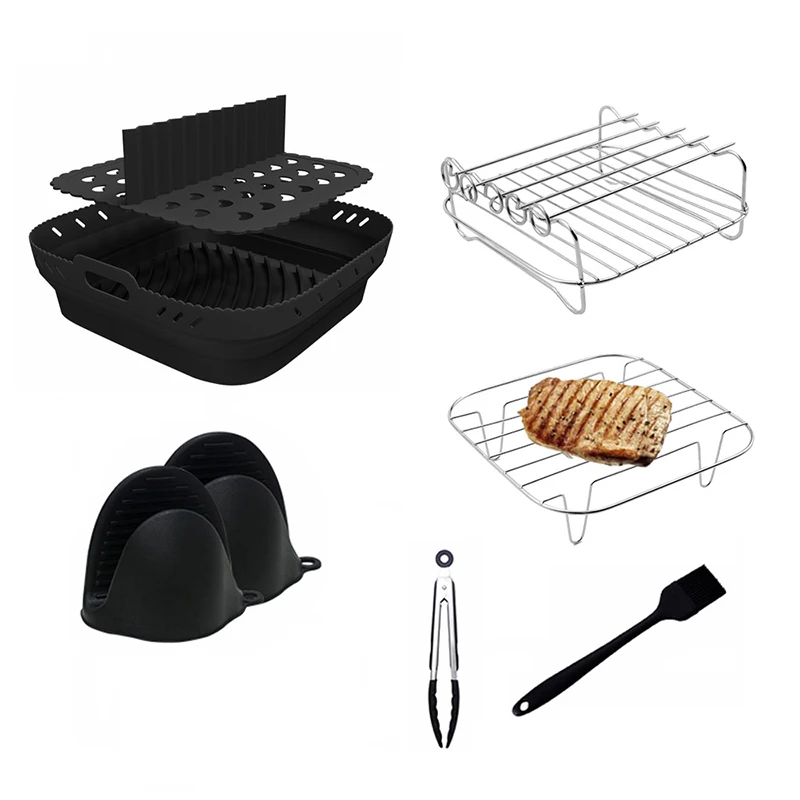 Air Fryer Silikon Form Korb Tablett Set Quadratischen Grill Spieß Rack Ofen Backform Liner für Cosori Ninja Air Fryer Zubehör