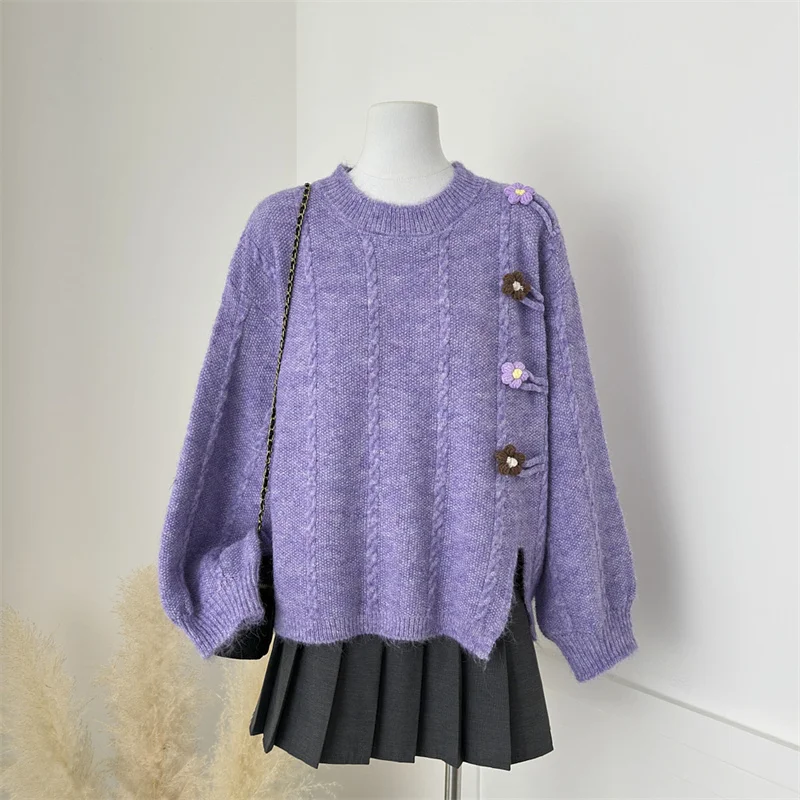 

Женский фиолетовый трехмерный жаккардовый свитер с цветочной вышивкой, французский нежный свободный пуловер, асимметричный свитер с длинными рукавами