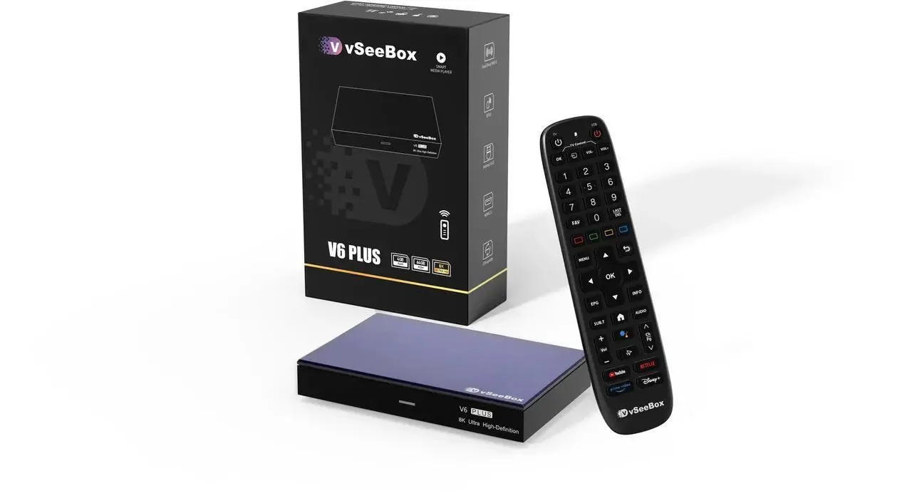 2025 Nueva caja Android vSeeBox V6 Plus 2026 Android 14,0 |   Amlogic 905Y5 |   4GB+64GB |   Control remoto por voz