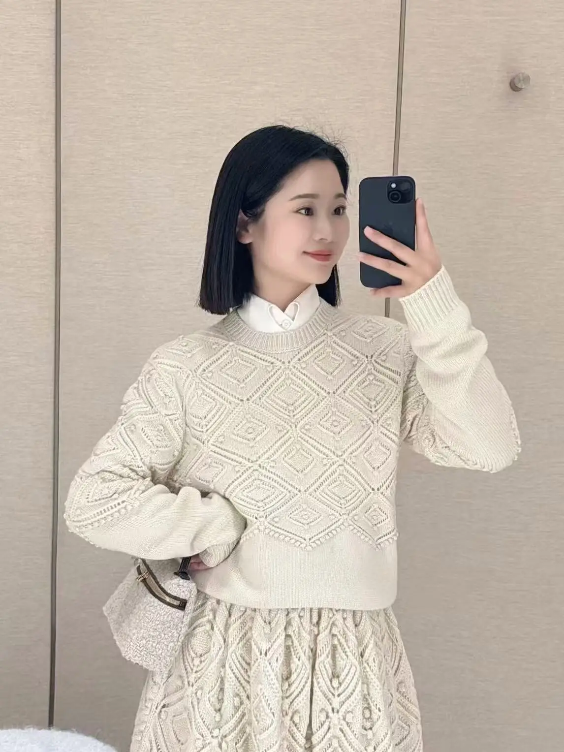 Suéter de punto de cachemira y lana jacquard 3D con cuello redondo para mujer de invierno