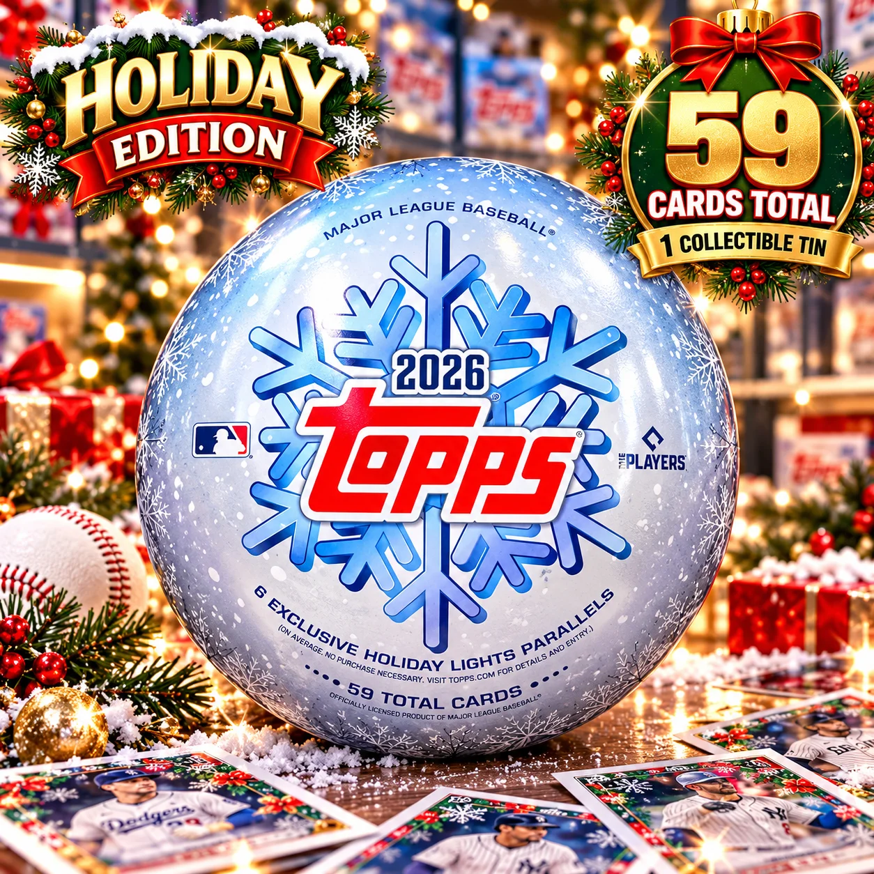 59 Cards 2026 Topps Holiday Baseball Tin – MLB Trading Card Collection, 1 Collectible Holiday Tin, Look for 6 Tin Exclusive Holiday Lights Parallels Per Tin on Average, Premium Baseball Card Collector Tin for Trading, Collecting & Holiday Gifts