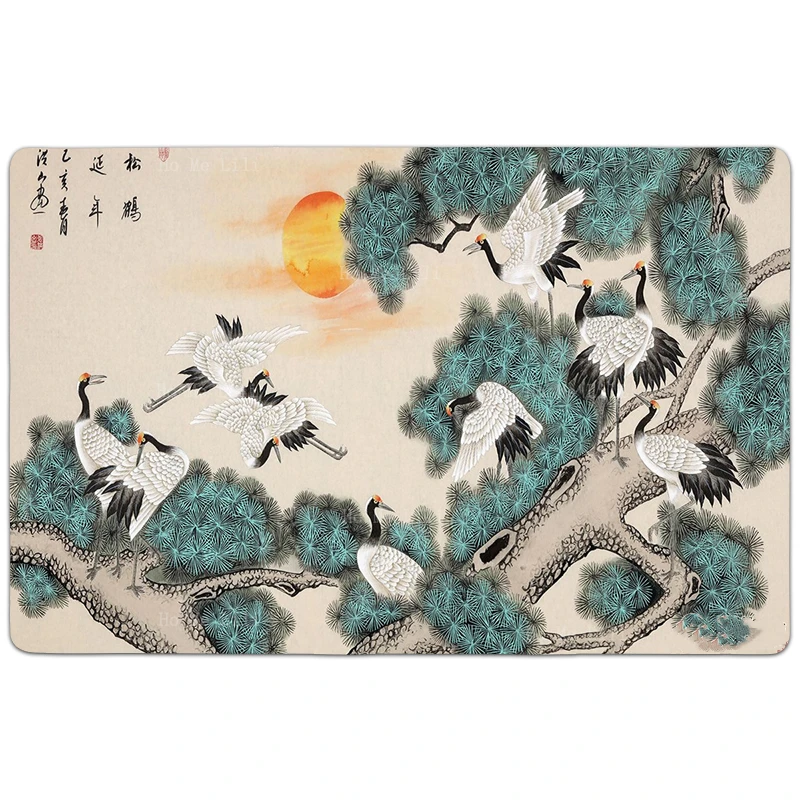 Two Cranes And Chrysanthemum Traditional Japanese Waves Longevity Crane Chinese Style Ink Wash Theme Carpet By Ho Me Lili Decor