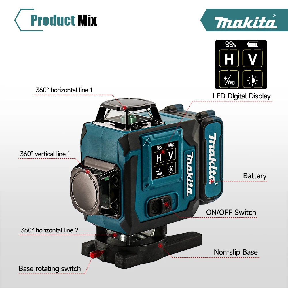 Makita Green Laser Level: 16 Lines, Self-Leveling & Manual Modes, 8H Runtime for Construction & Layout Work