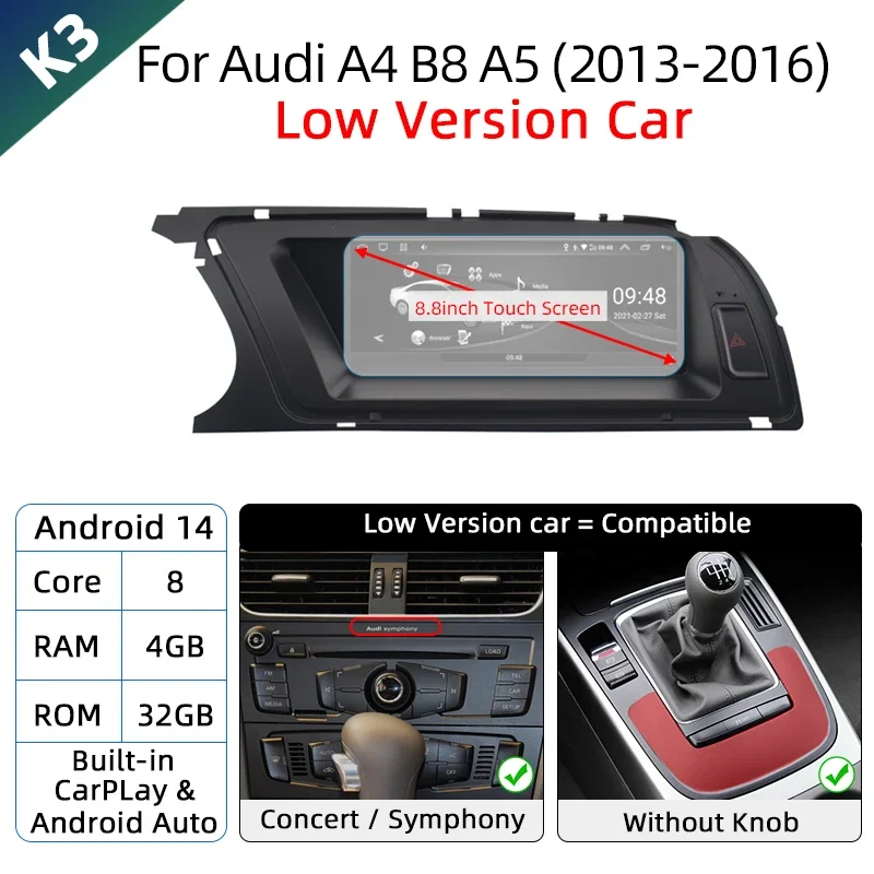 Android 14 Wireless Carplay Auto Radio For Audi A4 B8 A5 2008-2017 GPS Car Radio IPS Touch Screen Multimedia Android Auto BT DSP image 3