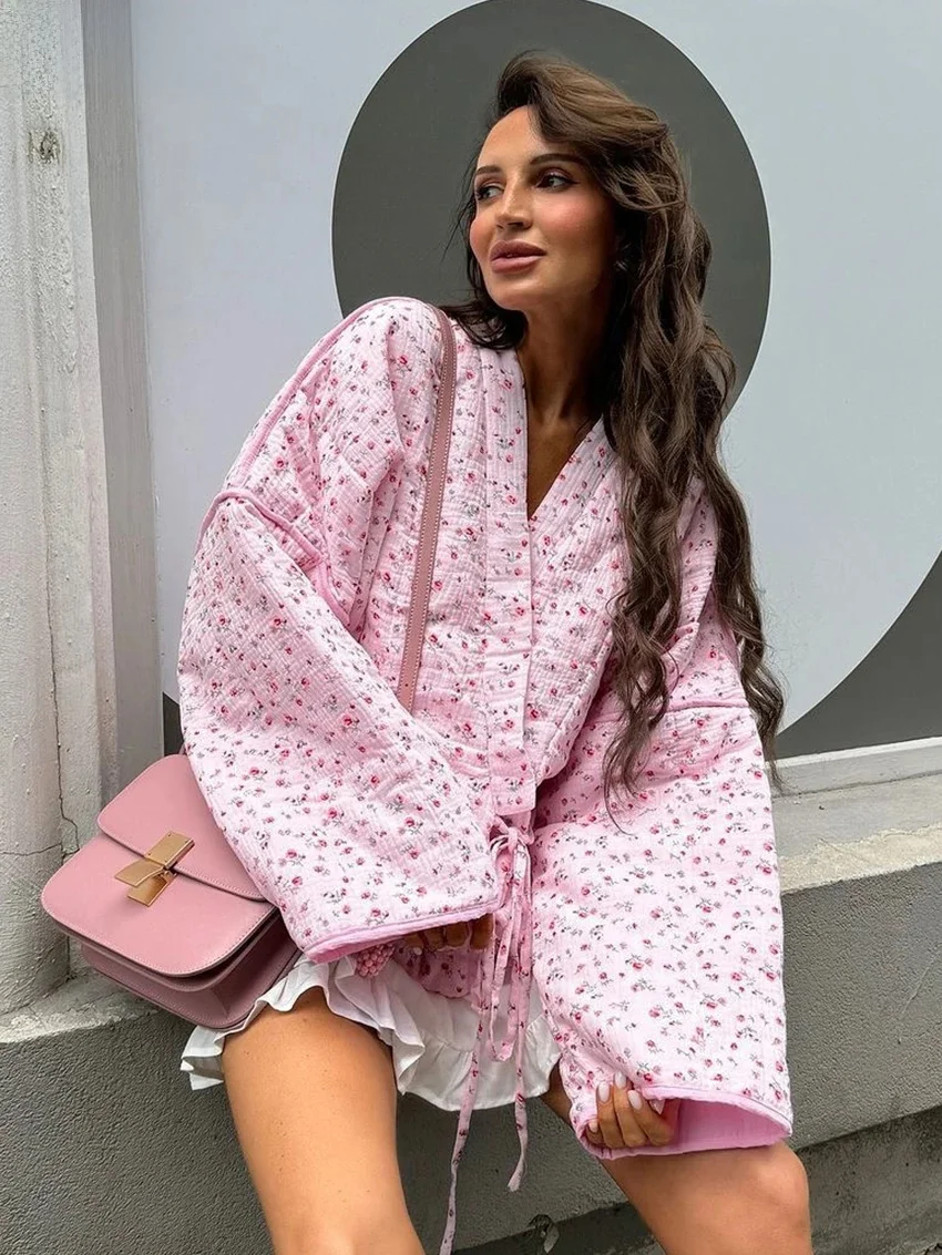 Clacive Fashion luźny nadruk bawełniana koszula damska Casual dekolt w serek koszule i bluzki z długim rękawem elegancki klasyczny sznurowany top damski — zdjęcie 2