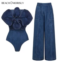 2024  Swimsuit set Off Shoulder 3D Flower denim printed One piece  Women Swimwear Beachwear bikinis bathing suit Bodysuit