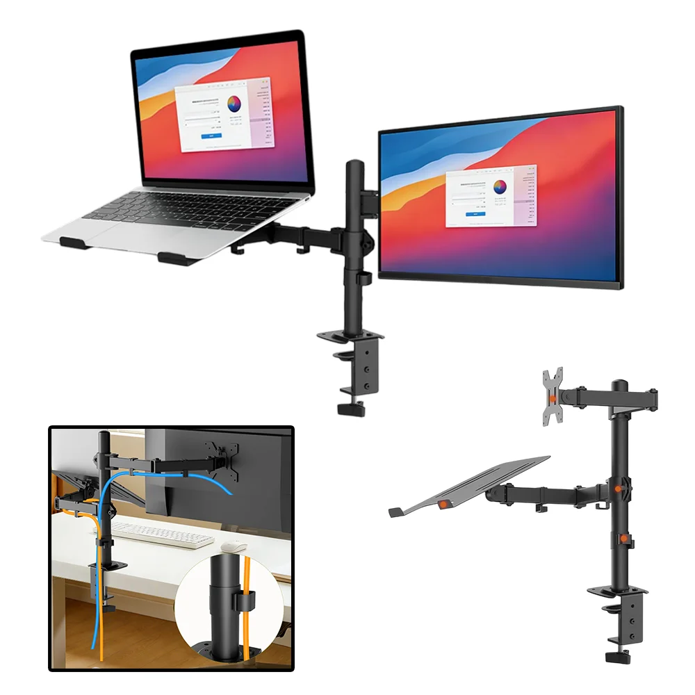 Support pour ordinateur portable à double écran, support de bureau réglable, plateau pour ordinateur portable, 2 options de montage, gestion des câble