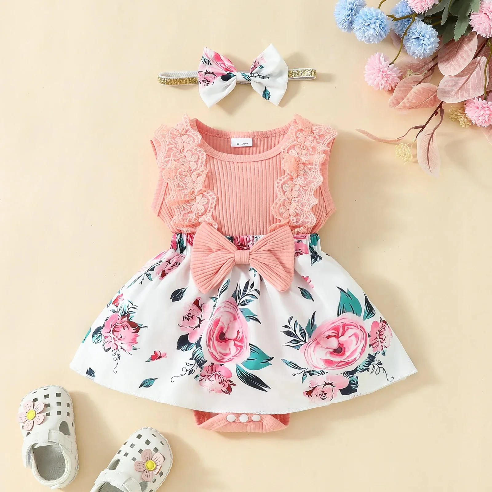 2024 Newborn Baby Girl Dress Sleeveless Lace Triangle Sweetheart 0-1 Year Old Baby Flower Bow Dress Opaska na głowę — zdjęcie 2