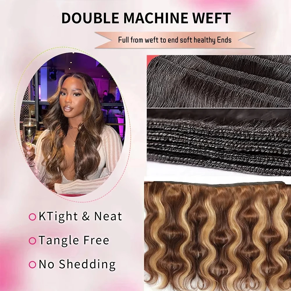 # 4/27 vague de corps mettre en évidence les paquets de cheveux humains colorés Ombre miel brun brésilien Remy Extensions de cheveux pour les femmes noires Double