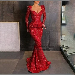 Glitter Red Mermaid Prom Dress With Sequins Evening Party Gowns Long Cap Sleeves Aso Ebi Arabic Court Train robes de soirée