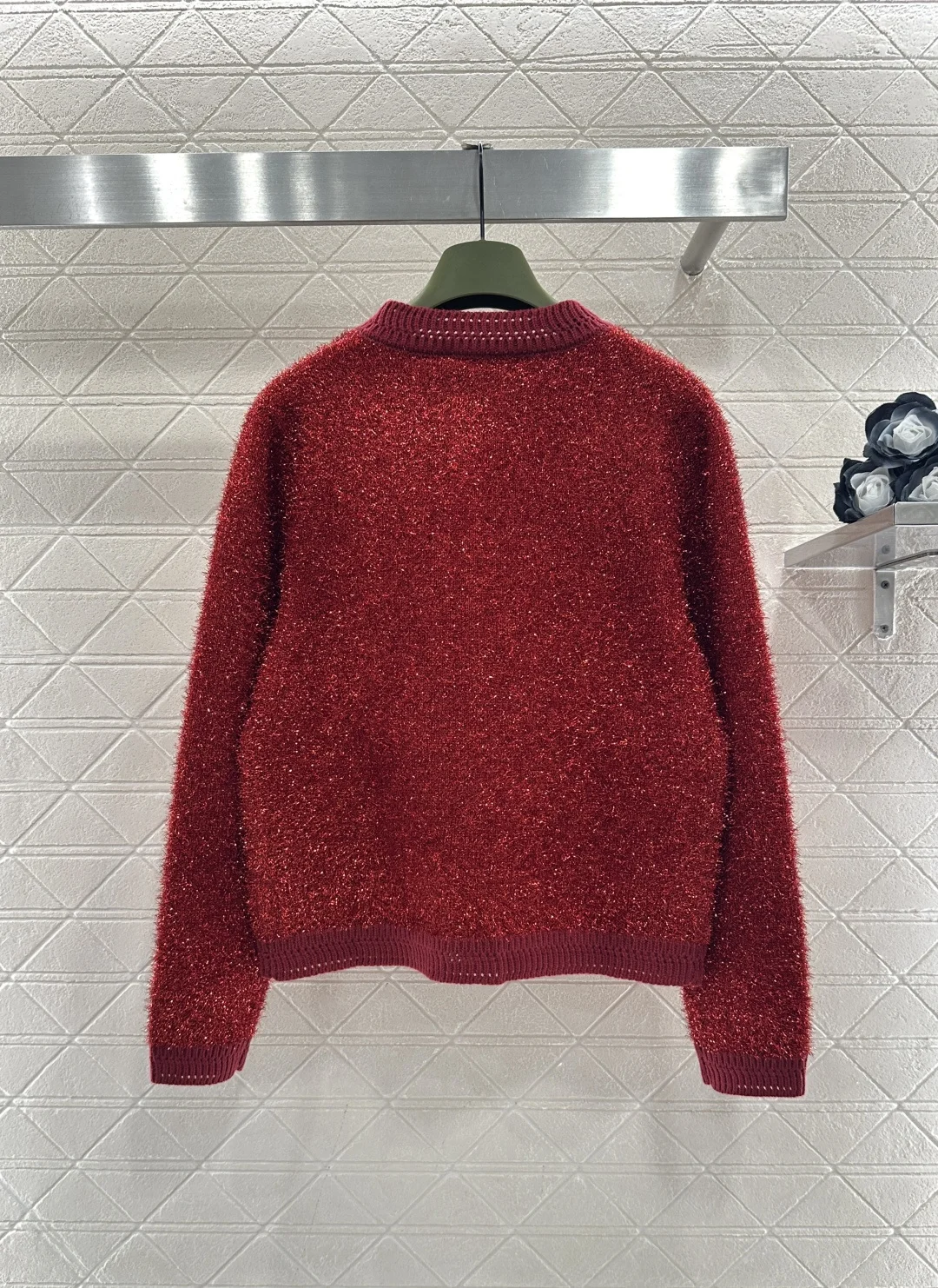 

Women's new shiny silver wire round neck knitted cardigan with wool yarn round neck button knit cardigan