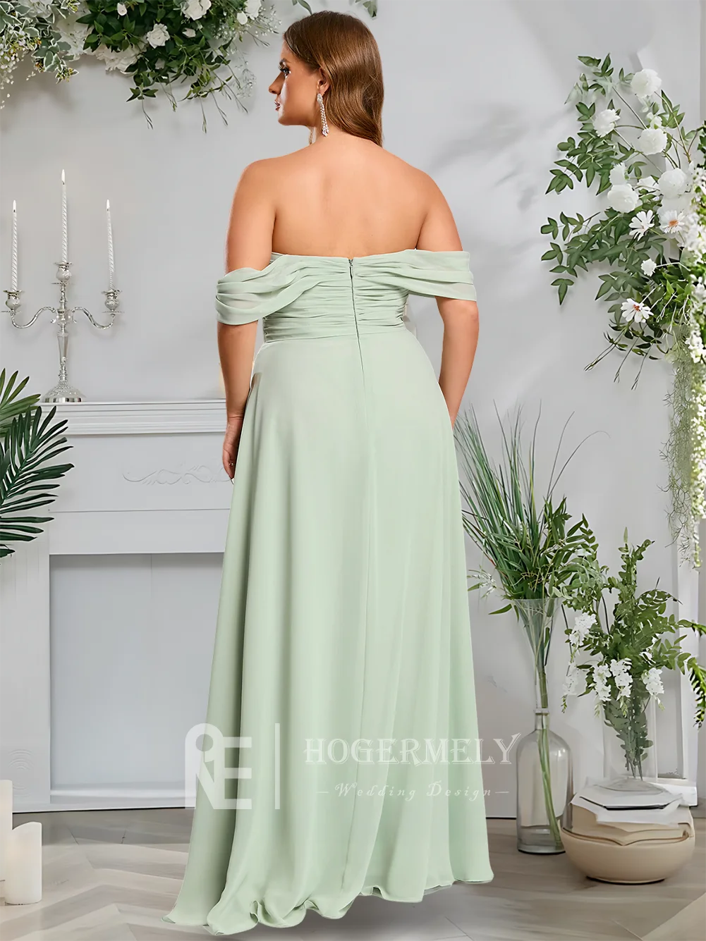 B Elegantes, schulterfreies, bodenlanges Chiffon-Brautjungfernkleid von Celadon mit Rüschen, Cocktailpartykleid für Hochzeitsgäste