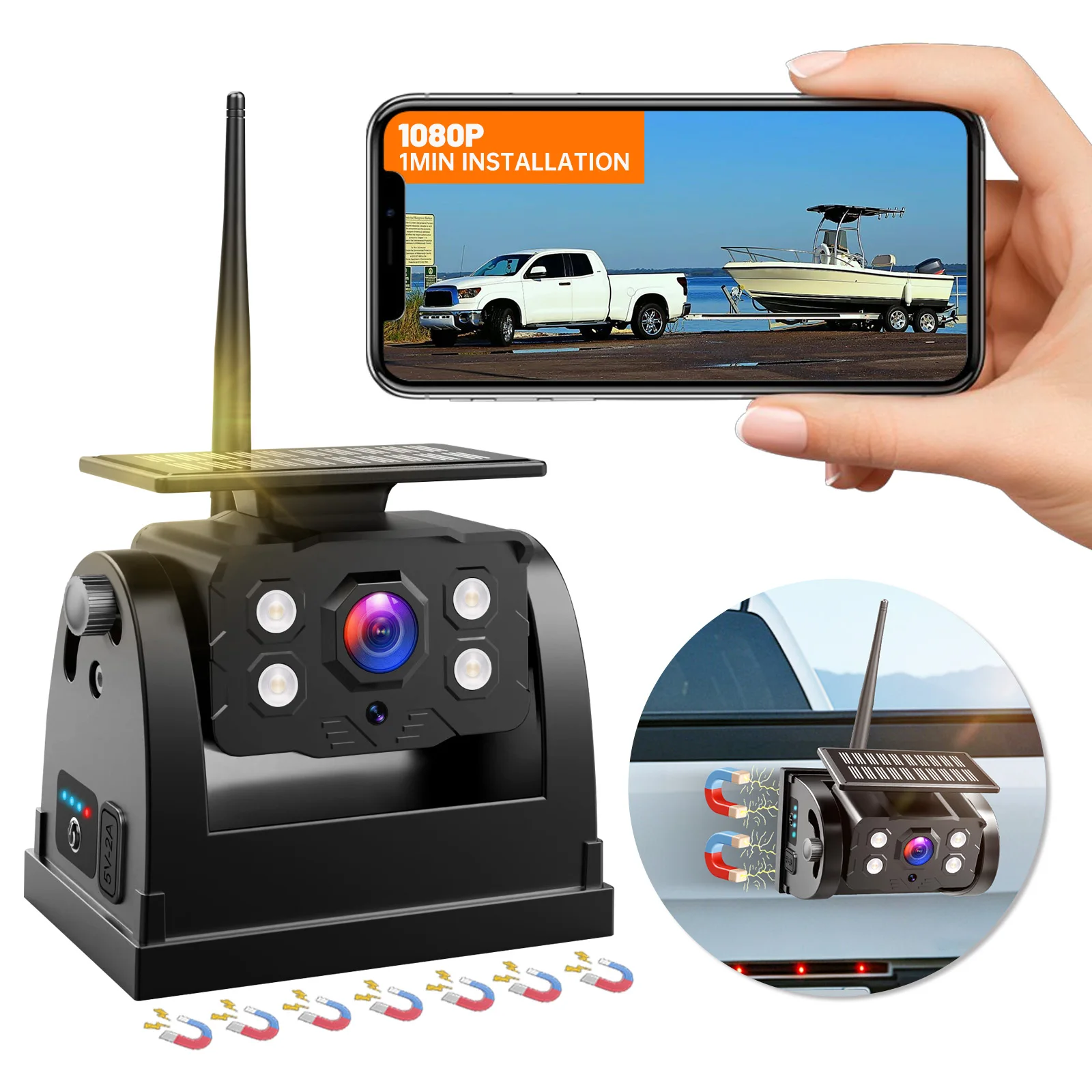 Caméra de recul sans fil solaire WiFi 1080P avec vision nocturne, facile à installer, adaptée aux remorques, camions, pick-up et camping-cars