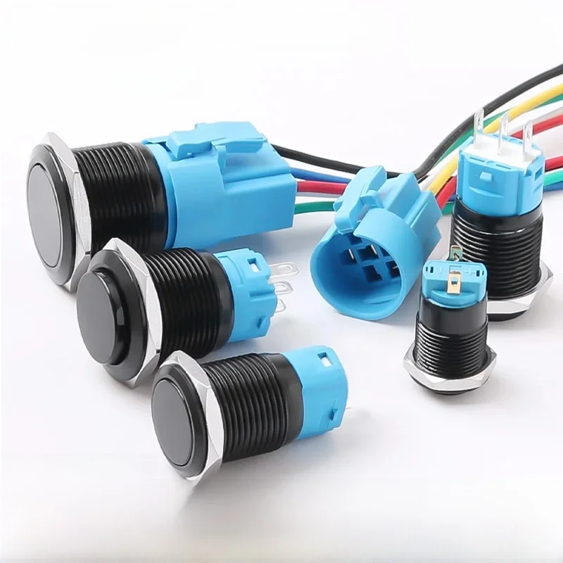 Interrupteur à bouton métallique 12/16/19/22MM, sans éclairage, noir oxydé, à réinitialisation momentanée, à verrouillage, avec connecteur 12V 24V 220V