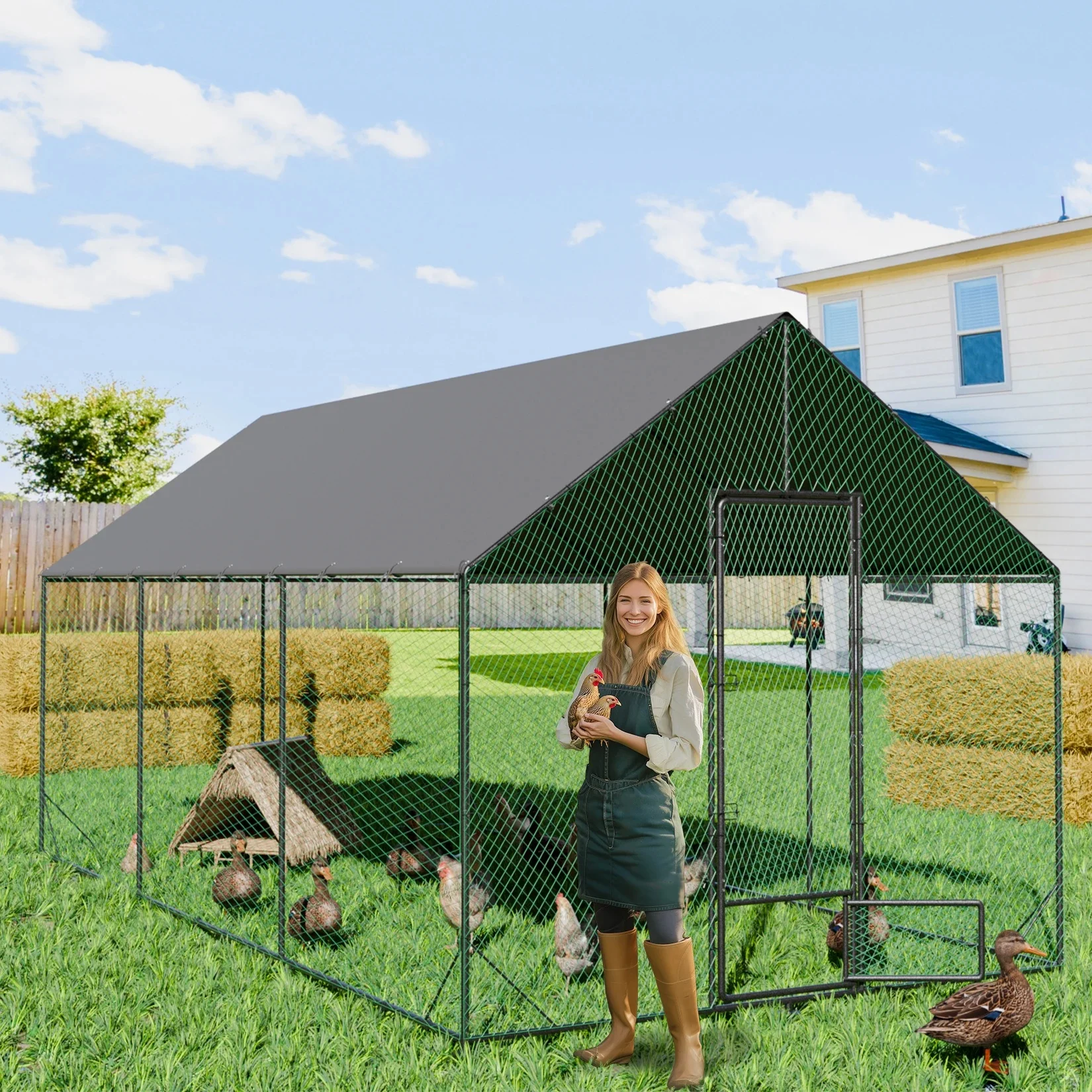 Grote Outdoor Upgrade Metalen Kippenhok Walk-in Gevogelte Run Pen Kooi Huisdier Eend Kippenhok met Nylon Net en Cover voor Werven - afbeelding 2