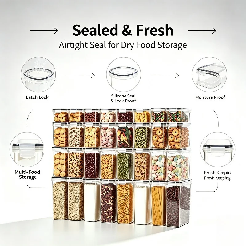 24‑Pack Airtight Food Storage Containers with Grey Lids, BPA‑Free Stackable Plastic Kitchen Pantry Organizer for Dry Food Flour Rice Pasta Cereal, Come with 24 Chalkboard Labels & Marker