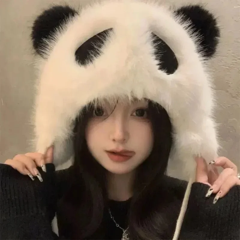 AliExpress NONE Winter Panda Plush Hat Outdoor Cycling Ear Protection Hats Thickened Warm Hat Casual Fleece Girls Hat Women's Warmth Caps Gifts