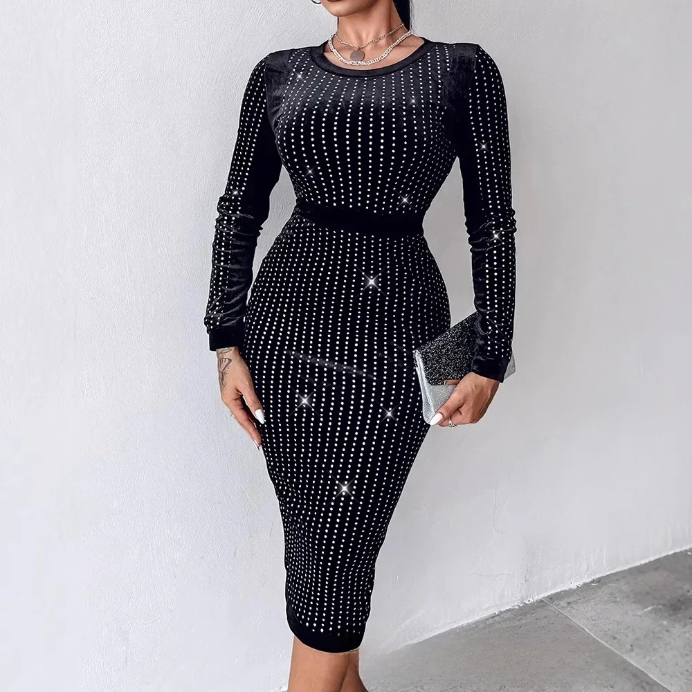 Sukienka damska z cekinami z pełnym rękawem Sukienki midi z rozcięciem Okrągły dekolt Slim Fit Vestidos Wrap Hip Elegant High Street — zdjęcie 2