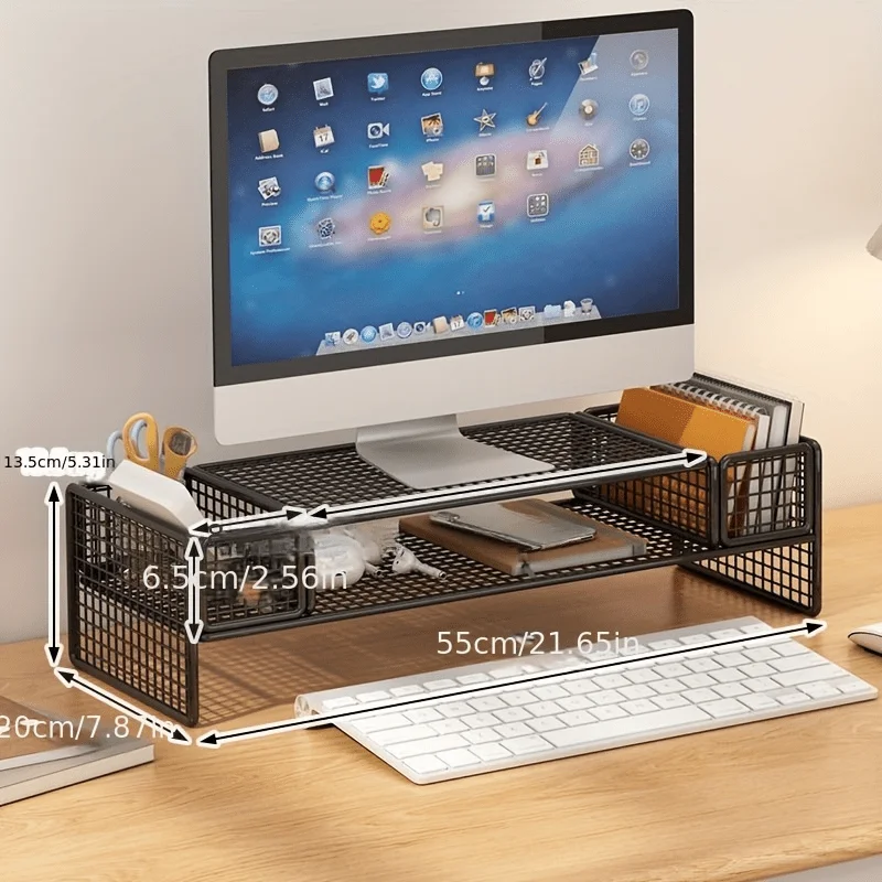 Ergonomic Iron Desk Organizer with Dual Storage - Computer Riser, Laptop Cooling Stand & Monitor Holder for Office Efficiency