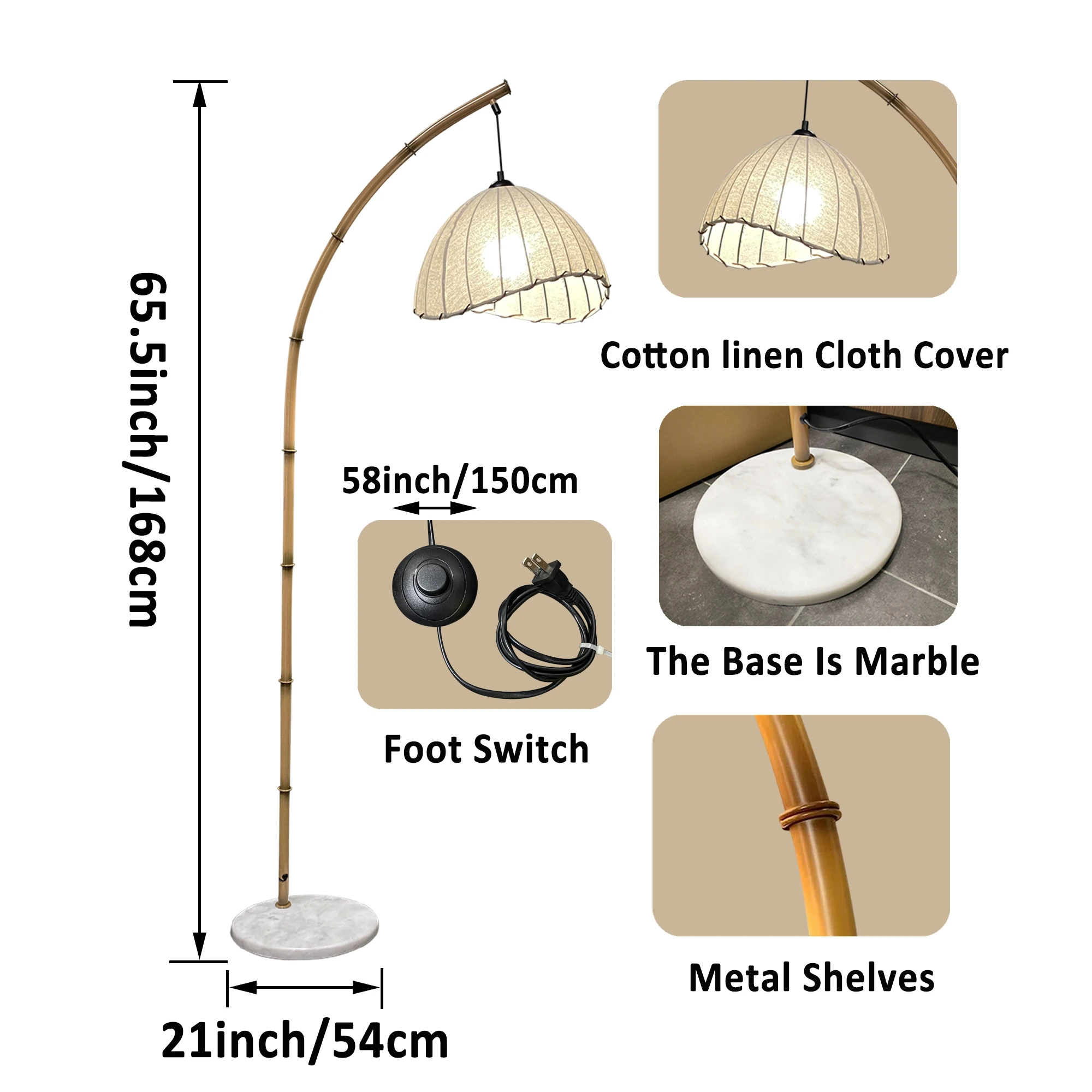 Bamboo Floor Lamp Bohemian Hanging Arc Floor Lamp with 3 Color Temperatures Linen Lampshade Standing Lamps Antique Rattan Style