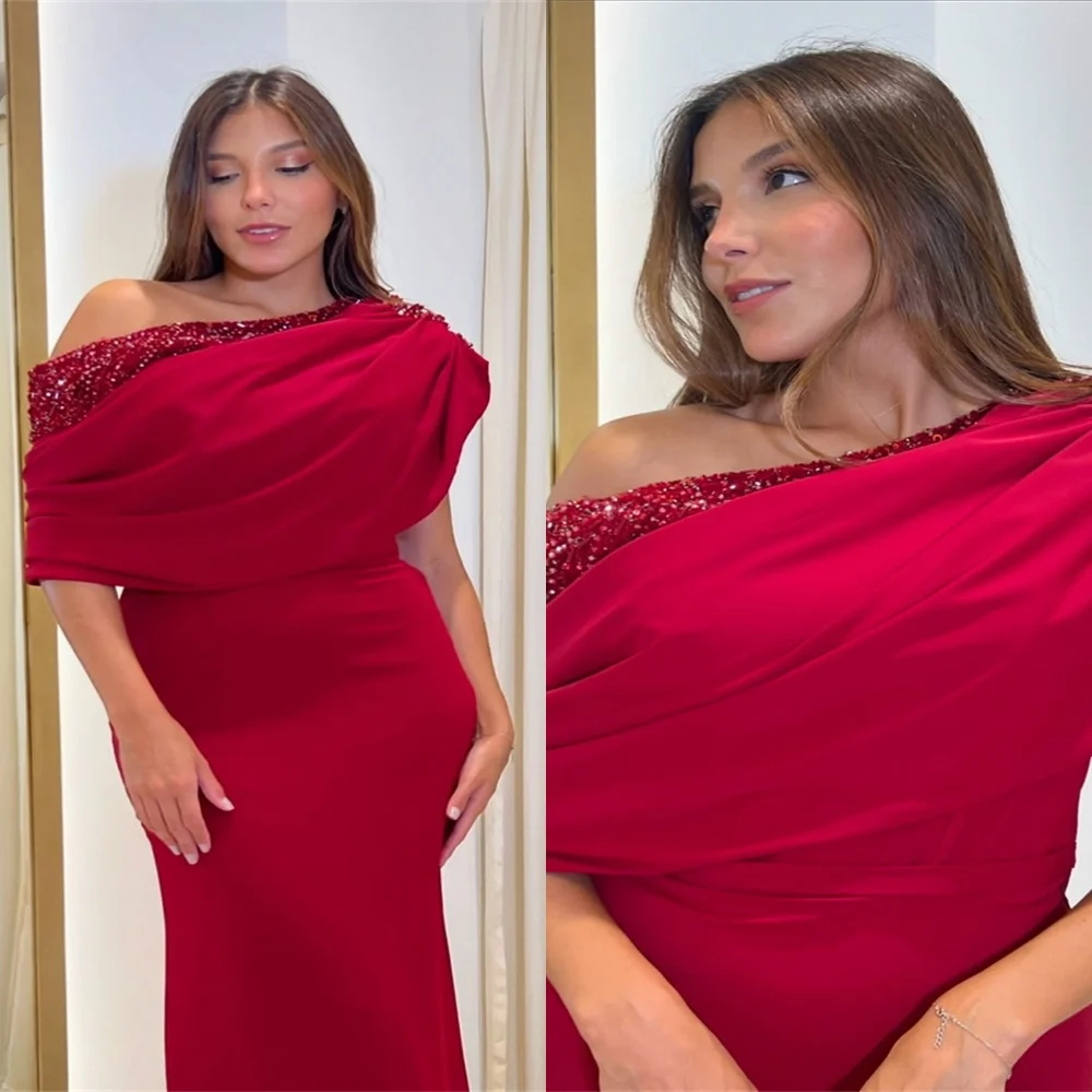 Customized Classic Red Jersey Evening Dress Exquisite One Shoulder Off the Shoulder Short Sleeves Beading Homecoming Dress