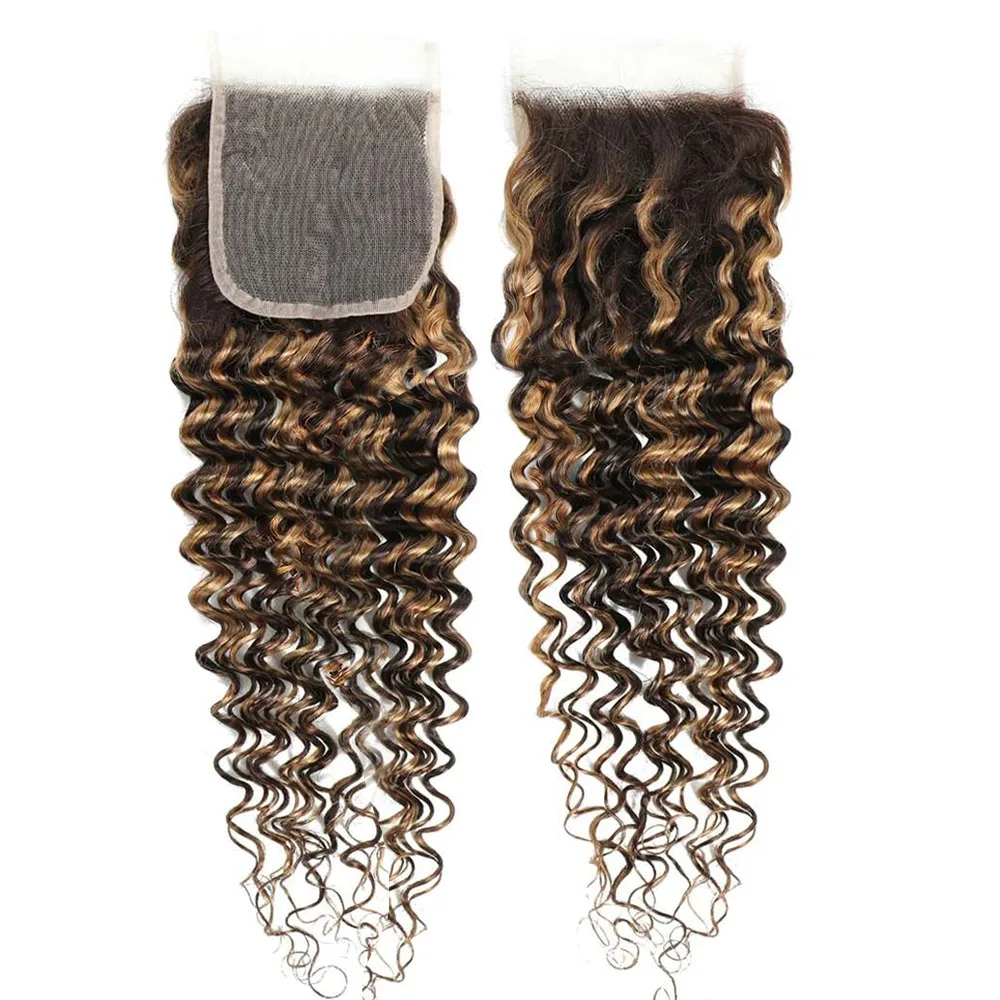 30 Inch Highlight Deep Wave Bundles with Closure Brown Human Hair Bundles with Closure Ombre Honey Blonde Bundles with Closure