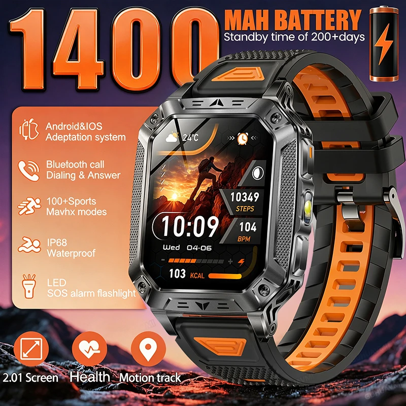 Nouvelle montre connectée d'extérieur pour hommes 2026, batterie super grande capacité intégrée de 1400 mAh, écran AMOLED de 2,01'', étanche IP68, appels Bluetooth, lampe de poche, alerte SOS, montre connectée sportive