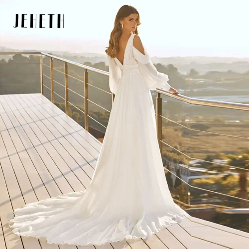 JEHETH V-Neck Wedding Dress Side Slit Puff Sleeves Bridal Gown Sexy Backless Chiffon Pleat Floor Length Vestidos De Novia