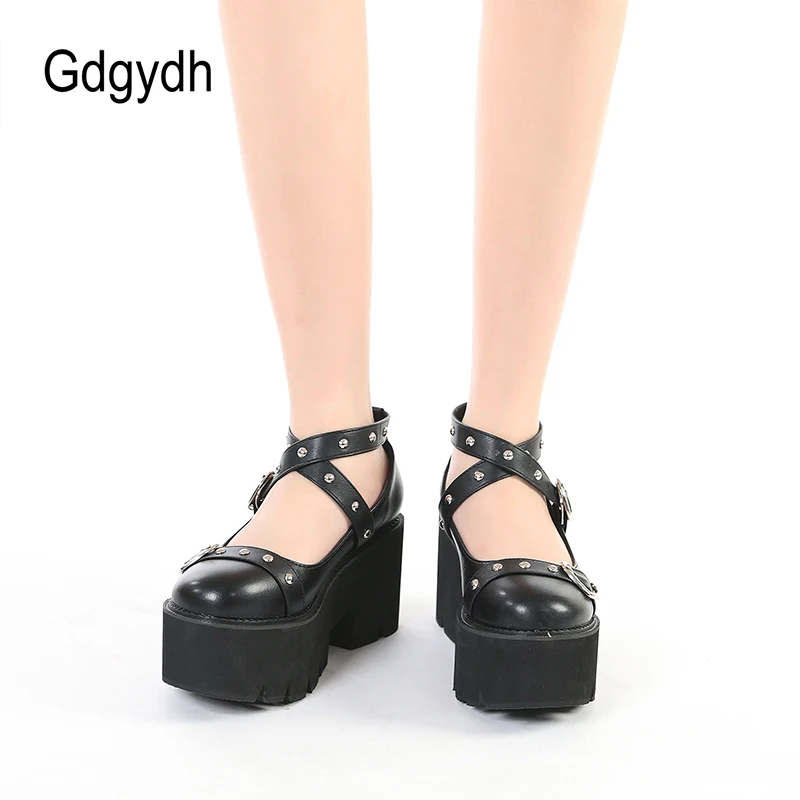 Gdgydh Gothic Lolita Shoes Platform Mary Janes for Women Round Head Thick Heel Cross Bandage Heart Buckle Kawaii Shoes Cosplay