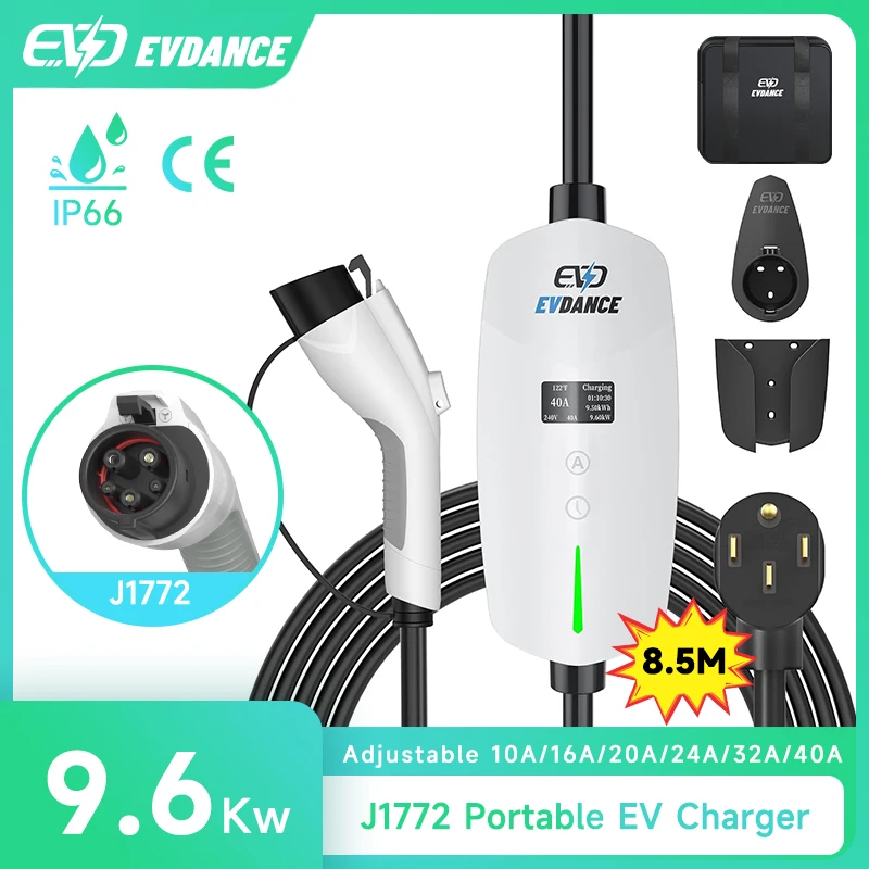 EVDANCE Portable Electric Vehicles Chargers 40A 14-50 Plug 9.6Kw Charging Cable Car Electrical Devices OLED Display Current