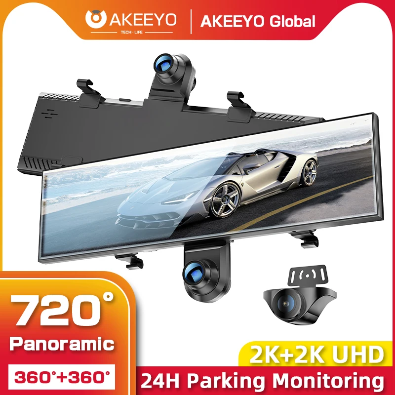 AKEEYO AKY-V720S 720˚ Panoramic Mirror Dash Cam 2K UHD 24H Parking Monitoring 11inch IPS Screen Car DVR