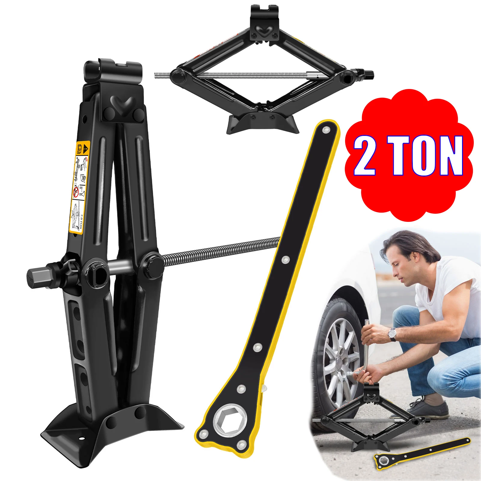 Cric à ciseaux pour voiture - 2 tonnes (4409 lb), kit cric de levage robuste avec manivelle, kit de changement de pneu à levage rapide, cric pour pneus de voiture/SUV/MPV (2 tonnes)