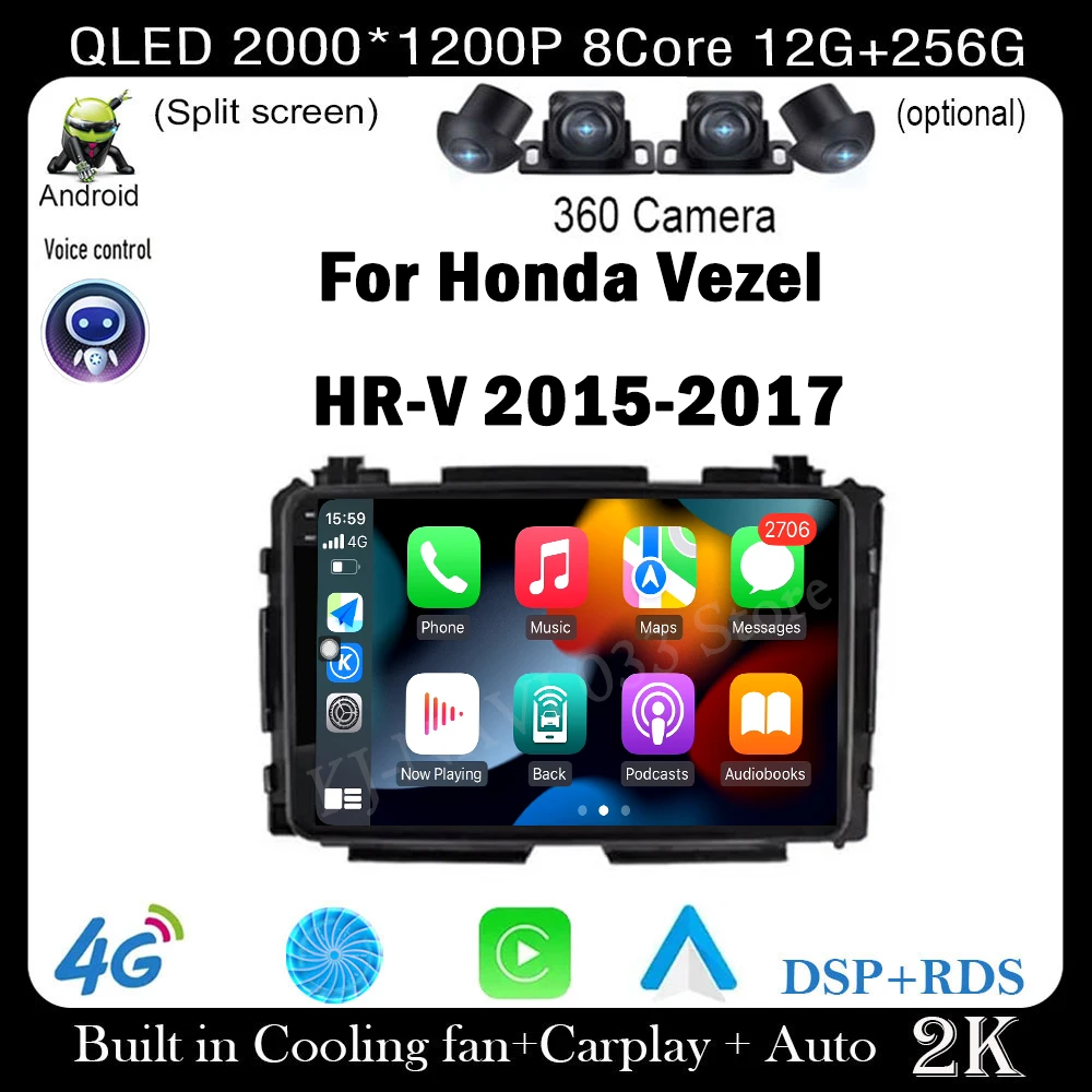 9'' Android 14 For Honda Vezel HR-V 2015-2017 Car Radio GPS Navigation Radio Player Multimedia Video Stereo Auto 4G+WIFI