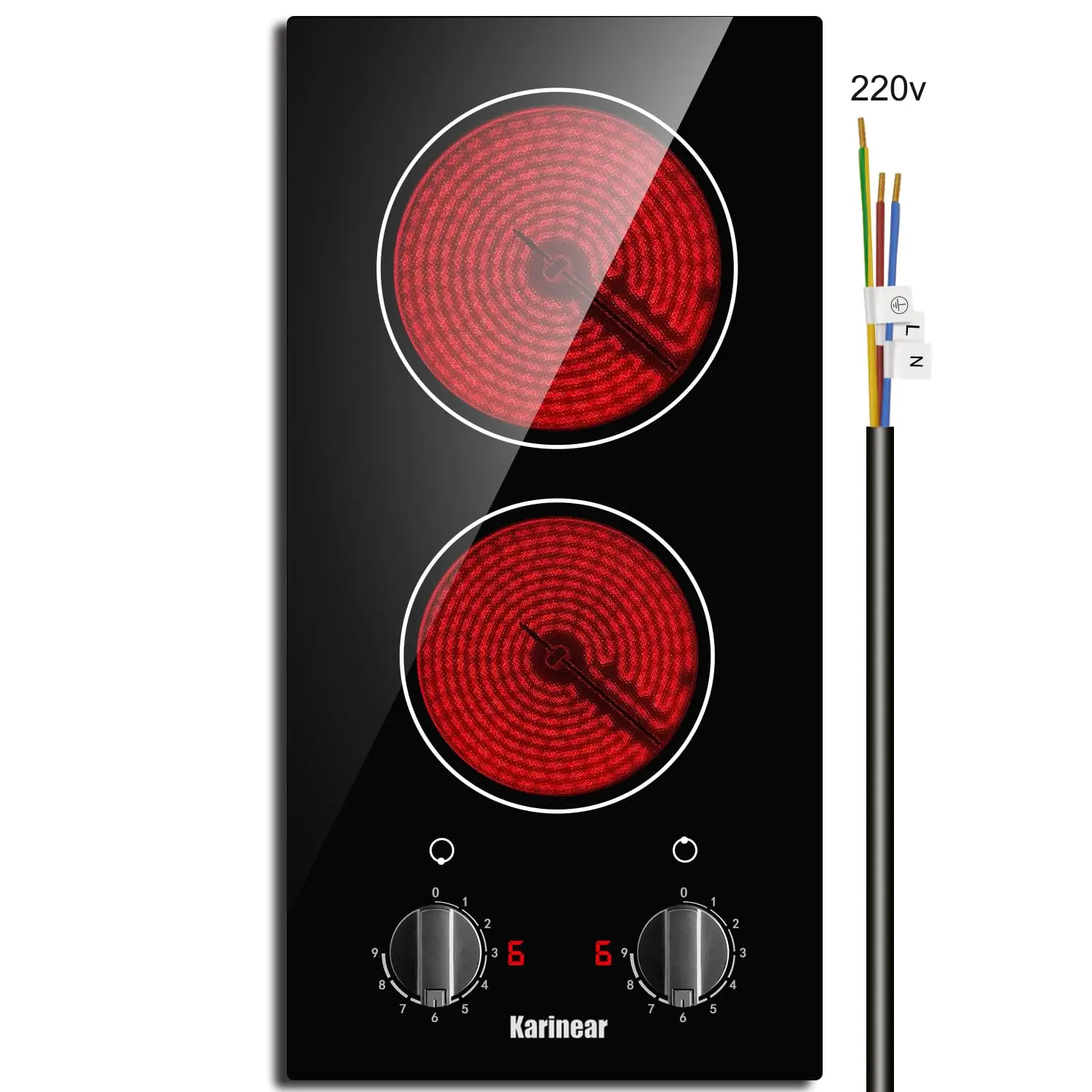 

Karinear 2 Burner Electric Cooktop 12 Inch Built-in Electric Stove Top, 220v- 240v Radiant Cooktop with Residual Heat Indicator, Knob Control, Over-Temperature Protection, Hard Wire(No Plug)