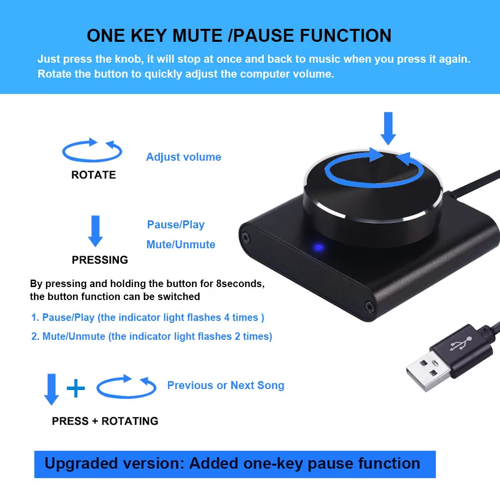 USB Volume Control Knob,Multimedia Controller Knob with one Key Mute/Pause Function for PC,Support Windows/Mac/IOS/Android/Linux