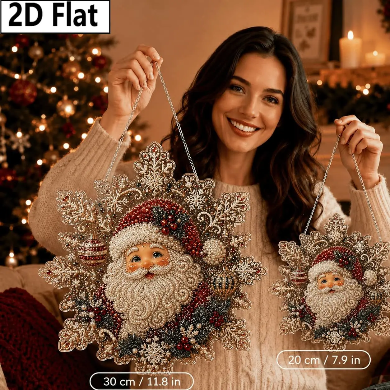 2D Flat 30/20cm Snowflake Shape 3D Pearl Diamond Painting Suncatcher Kit, Santa Claus Design Christmas Pearl Bead Diamond