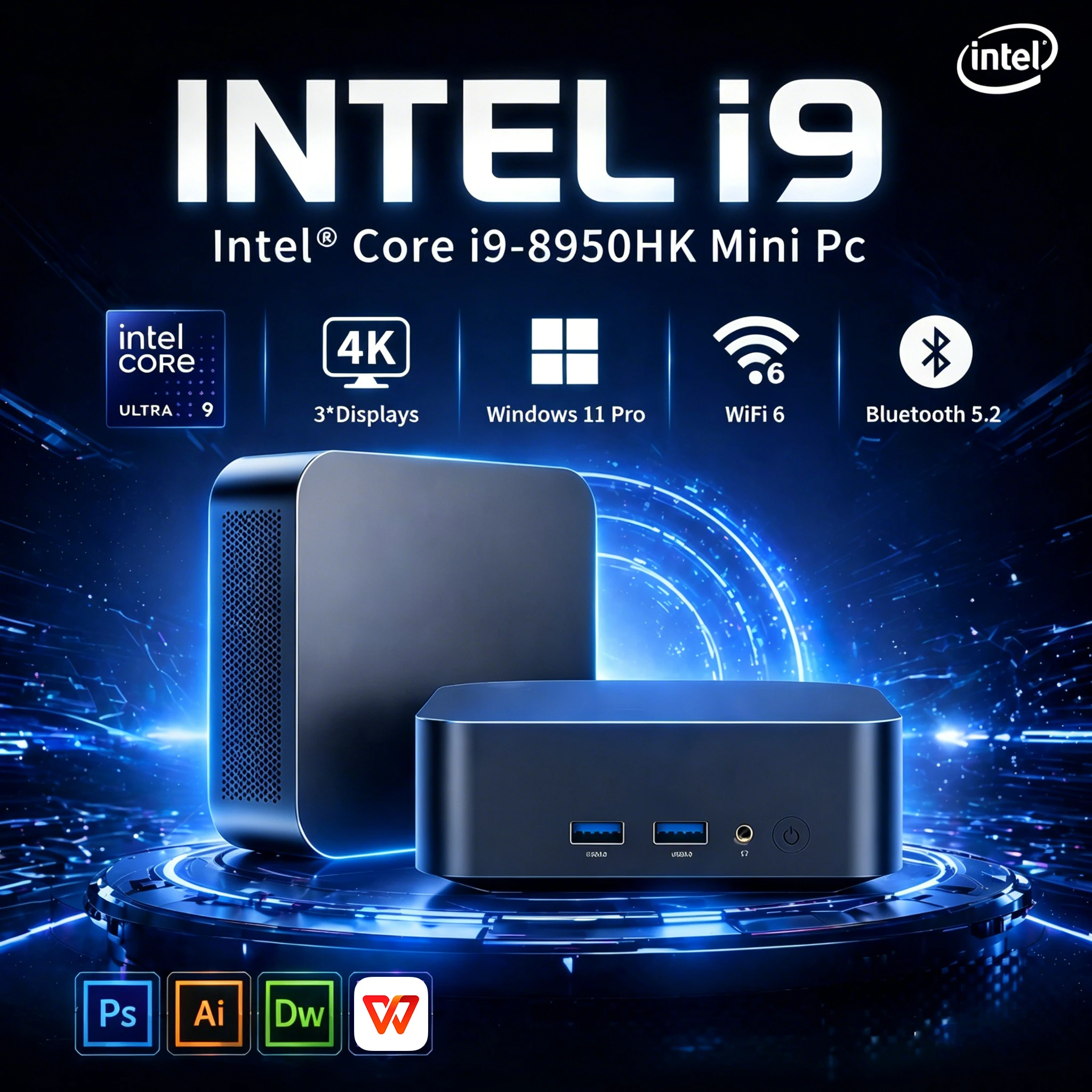 Mini PC Intel Core i9 8950HK, 16GB DDR4, SSD da 1/2TB, Grafica 4K UHD, Windows 11, Potente Computer Desktop Tascabile per Gaming